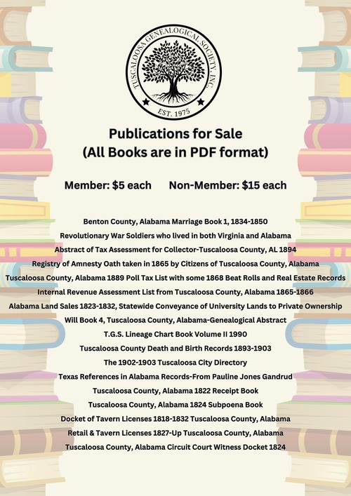 A listing of books in PDF form that are for sale from the Tuscaloosa Genealogical Society
